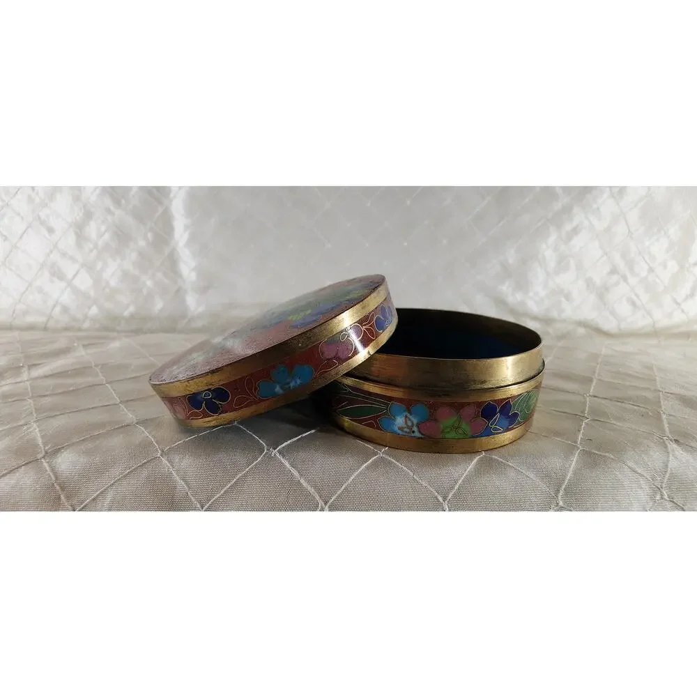 Vintage Chinese Cloisonne Enamel Brass Round Trinket Jewelry Box Floral 3